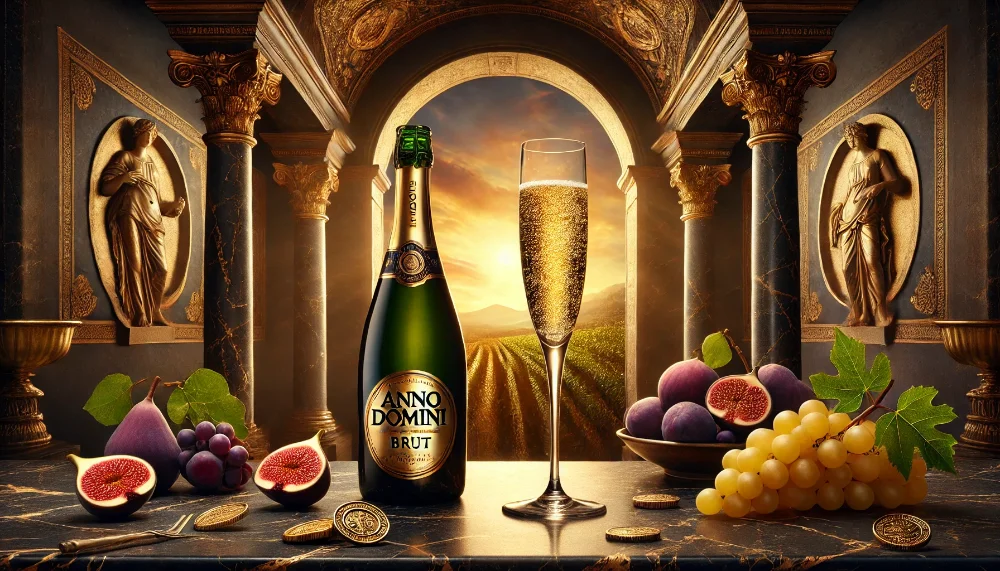 Anno Domini Brut: спадок античної розкоші в келиху Пляшка Anno Domini Brut та келих на тлі античної арки з виноградною лозою під променями призахідного сонця.