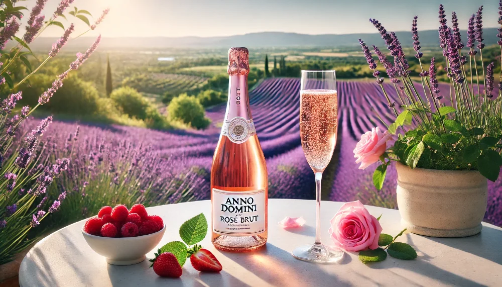 Anno Domini Rosé Brut у променях прованського ранку Пляшка Anno Domini Rosé Brut та келих з рожевим ігристим на терасі з видом на лавандове поле та сад.
