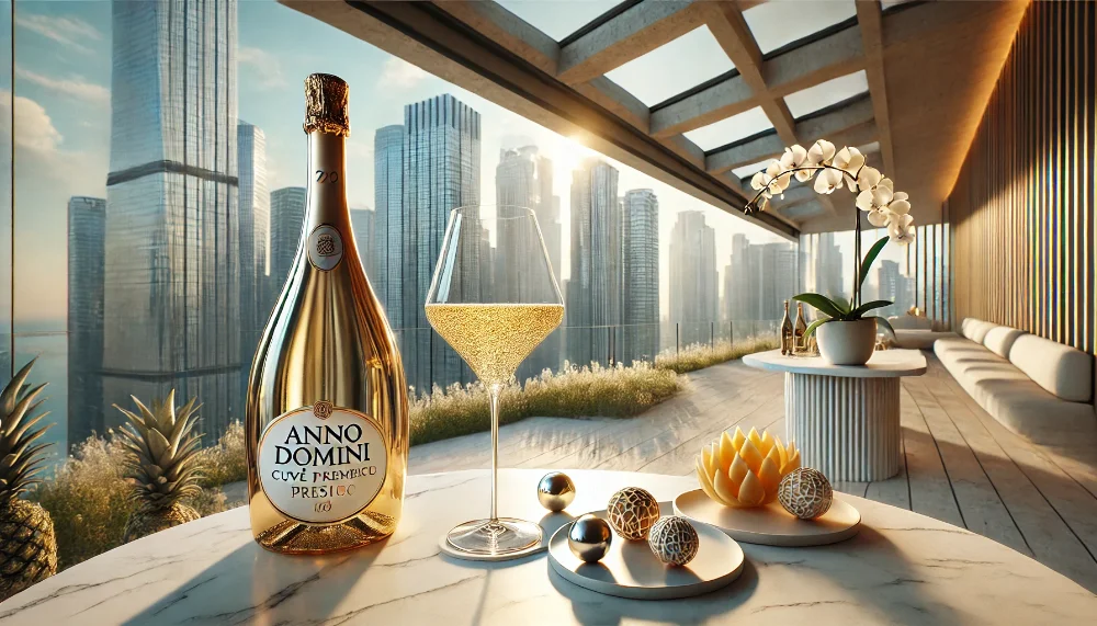 Anno Domini Cuvée Prestige: висота смаку в серці мегаполісу Пляшка Anno Domini Cuvée Prestige та келих з ігристим на фоні панорами міста, прикрашені трюфелями та орхідеєю