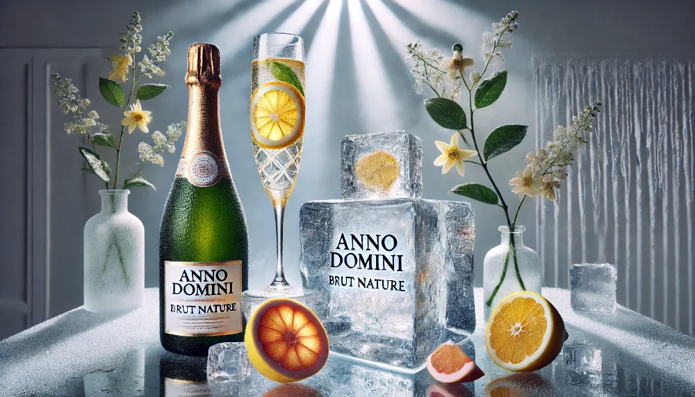 Anno Domini Brut Nature: кришталева чистота смаку в льодяному сяйві Пляшка Anno Domini Brut Nature та келих з ігристим на крижаній композиції, прикрашені цитрусами та жасмином