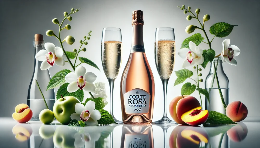 Вишукане італійське Corte Rosa Prosecco DOC у світлій літній композиції Пляшка Corte Rosa Prosecco DOC з келихами на білому фоні в оточенні свіжих фруктів та білих квітів
