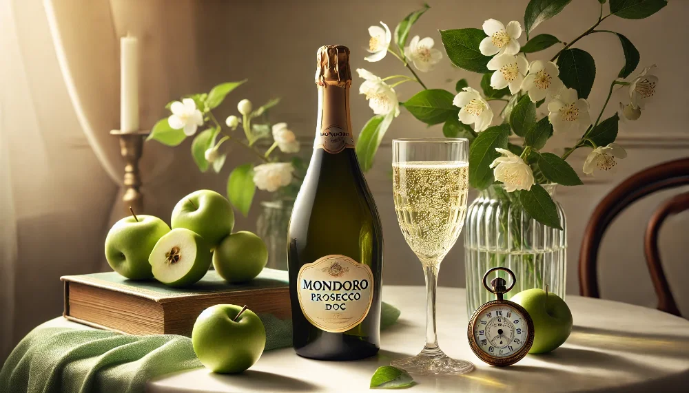 Вишукане ігристе вино Mondoro на мармуровому столі Пляшка Mondoro Prosecco DOC з наповненим келихом на світлому мармуровому столі, прикрашена свіжими яблуками та квітами