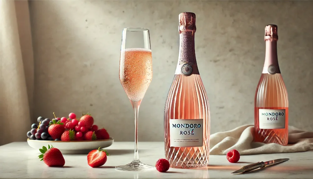 Вишукане італійське Mondoro Rosé з ягідними нотами в келиху Пляшка Mondoro Rosé на мармуровому столі з келихом рожевого ігристого та свіжими ягодами у м'якому денному світлі
