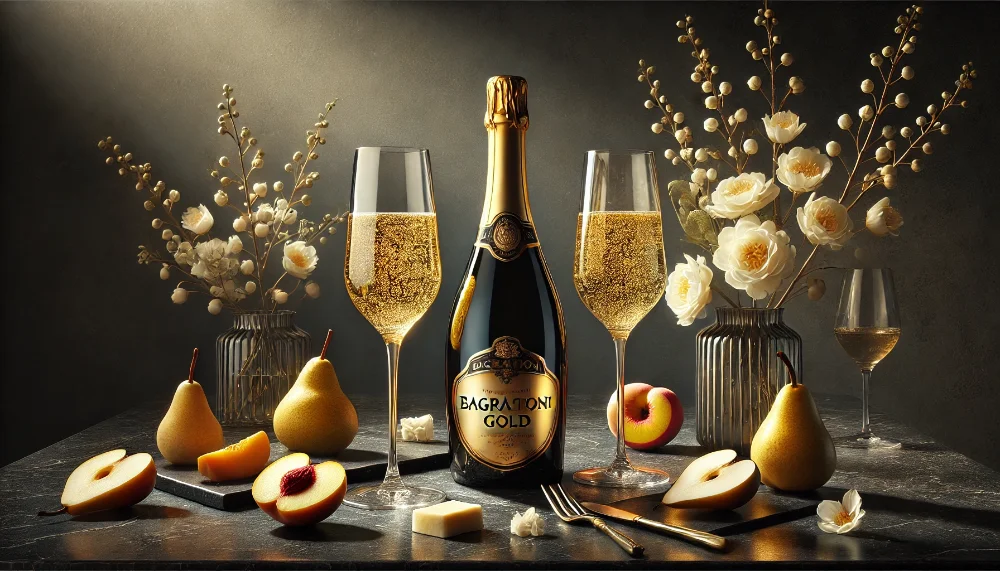 Пляшка Bagrationi Gold та келихи ігристого вина з устрицями та фруктами на чорному мармурі в теплому світлі
