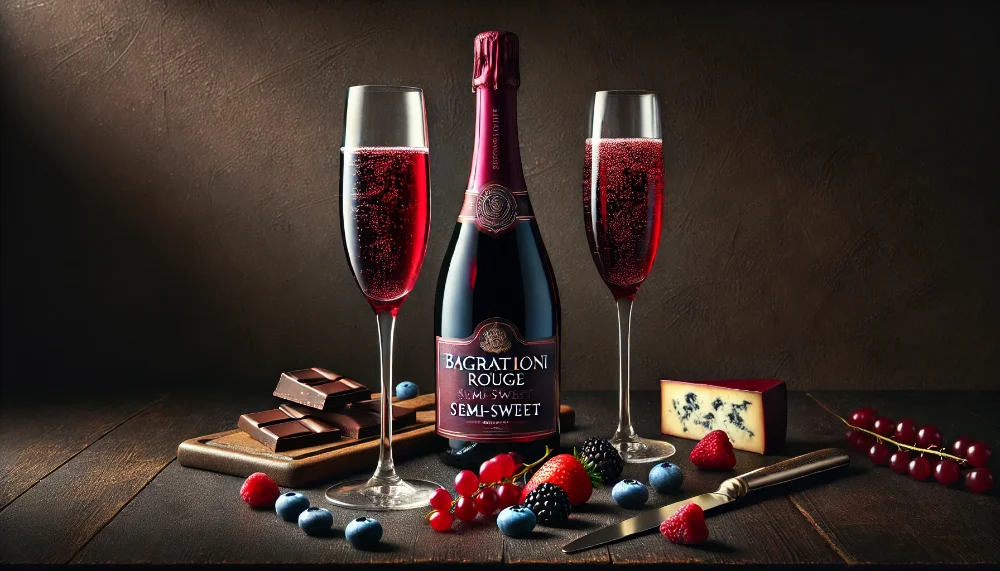 Вишукане червоне ігристе Bagrationi Rouge Semi-Sweet з нотами темних ягід Пляшка Bagrationi Rouge Semi-Sweet та келихи рубінового ігристого вина з ягодами на темному дереві