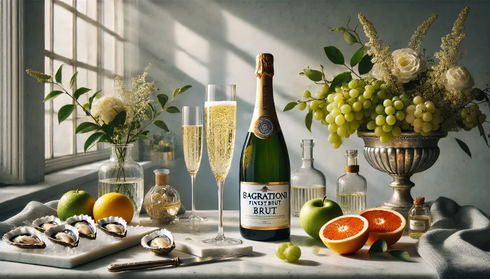 Пляшка Bagrationi Finest Brut та келихи ігристого вина з устрицями та цитрусовими на мармуровому столі