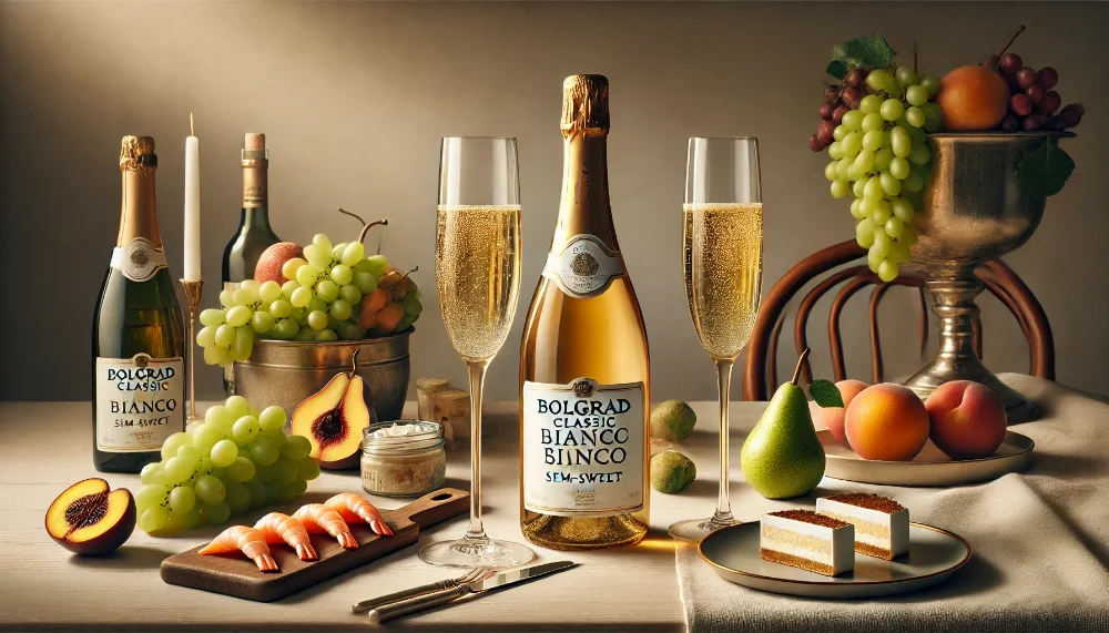 Гармонійне напівсолодке Bolgrad Classic з фруктово-медовими нотами Пляшка Bolgrad Classic Біле Напівсолодке та келихи ігристого з фруктами і закусками на столі