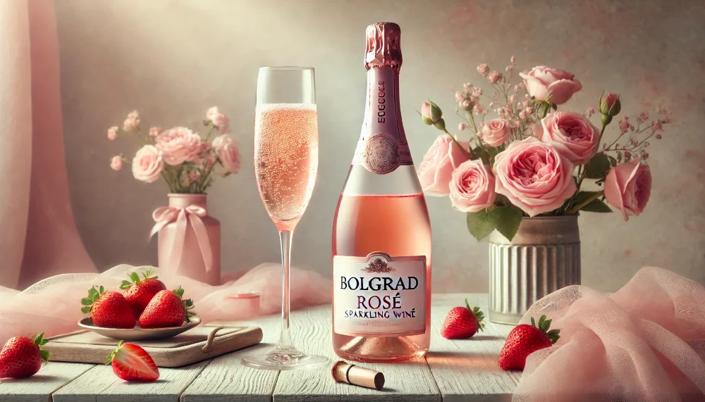 Вишукане рожеве ігристе Bolgrad Rosé у келиху та пляшці Пляшка рожевого ігристого вина Bolgrad Rosé та наповнений келих на дерев'яному столі з композицією з полуниці та троянд