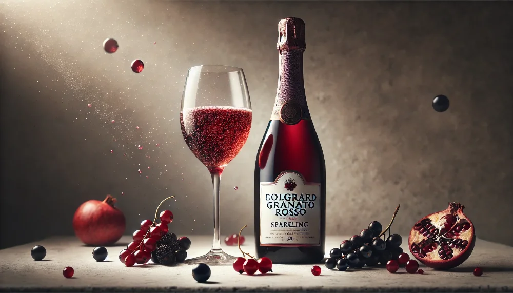 Благородне червоне ігристе Bolgrad Granato Rosso з нотками стиглих ягід Пляшка червоного ігристого Bolgrad Granato Rosso та келих з вином гранатового кольору на мармуровому столі з ягодами