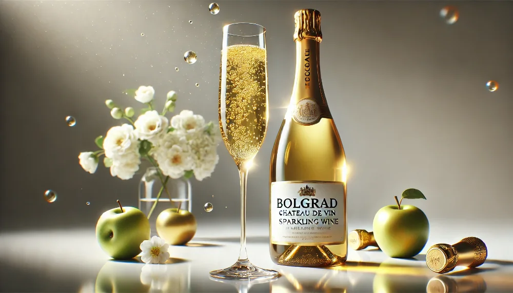 Вишукане ігристе Bolgrad Chateau de Vin у келиху з тонкими бульбашками Пляшка преміального ігристого вина Bolgrad Chateau de Vin та елегантний келих з золотистим напоєм на білому тлі