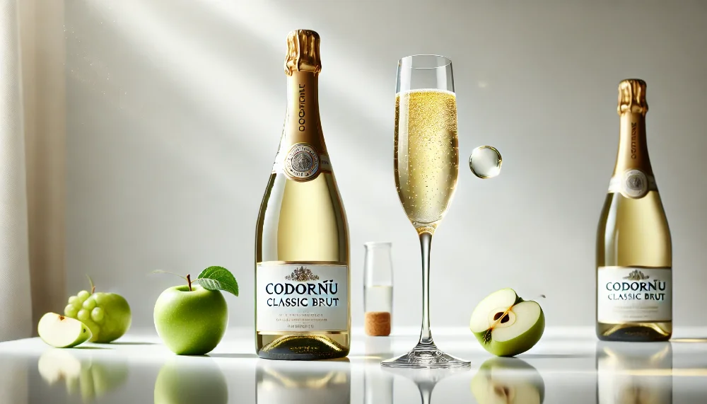 Codorníu Classic Brut: класична елегантність іспанського ігристого Пляшка ігристого Codorníu Classic Brut з келихом флюте на світлому фоні з зеленими яблуками