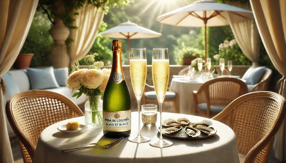 Anna de Codorníu Blanc de Blancs: витончена елегантність білого ігристого Пляшка ігристого Anna de Codorníu Blanc de Blancs з келихами на літній терасі з устрицями