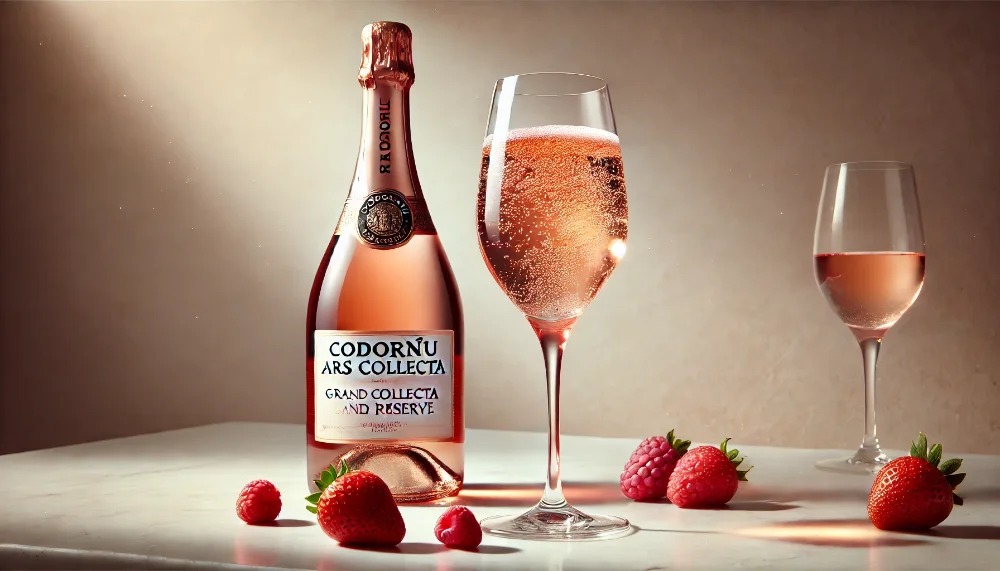 Вишукане ігристе Codorníu Ars Collecta Grand Rosé Reserve з ягодами Пляшка преміального ігристого вина Codorníu Ars Collecta Grand Rosé Reserve на мармуровому столі з келихом та свіжими ягодами