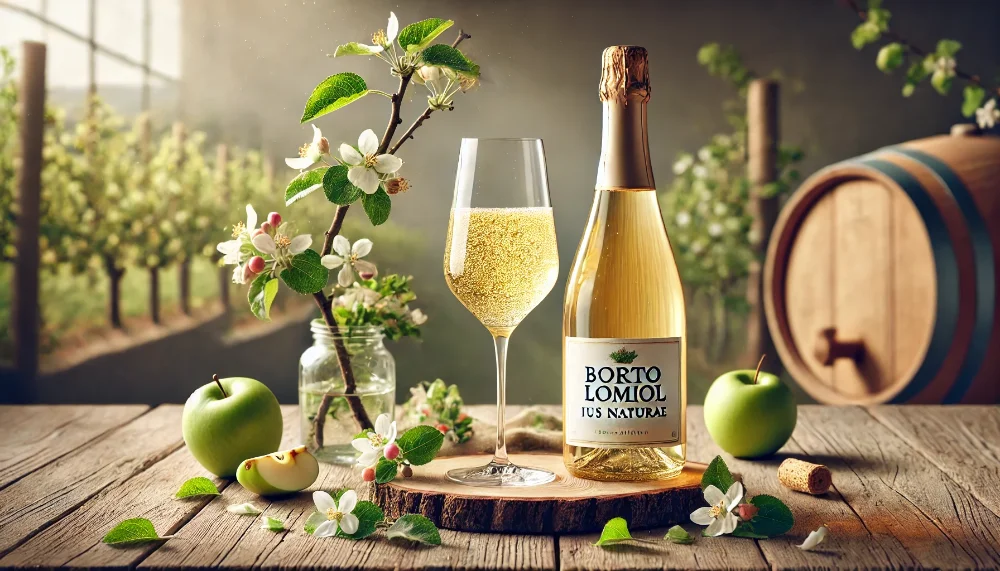 Органічне Prosecco Bortolomiol Ius Naturae в оточенні природних елементів Пляшка Bortolomiol Ius Naturae з келихом ігристого вина на дерев'яному столі в оточенні яблуневого цвіту та фруктів