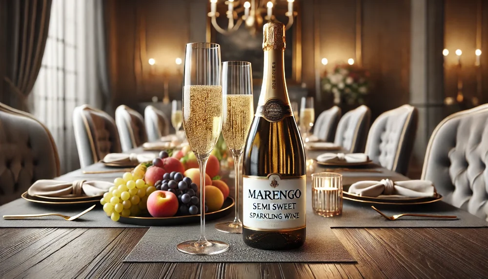 Пляшка Marengo Semi Sweet на столі з келихами і фруктами, гарне освітлення