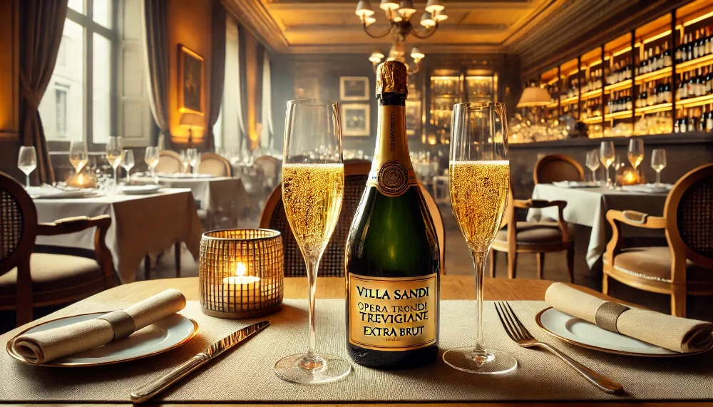 Пляшка Villa Sandi Opere Trevigiane Extra Brut на столі з двома келихами шампанського у вишуканій атмосфері ресторану