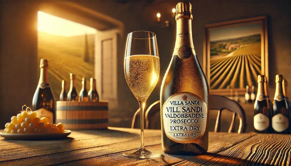 Villa Sandi Valdobbiadene Prosecco Superiore DOCG Extra Dry – італійська елегантність Пляшка Villa Sandi Prosecco Superiore DOCG Extra Dry з келихом на фоні італійського виноградника при заході сонця