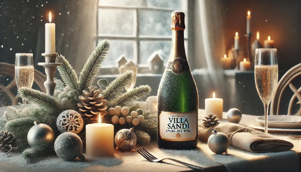Пляшка ігристого вина Villa Sandi серед засніжених гілок, свічок і новорічних прикрас, затишне освітлення, зимовий краєвид у фоні.