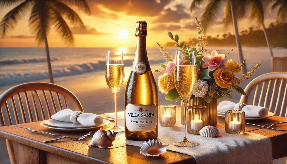 Пляшка ігристого вина Villa Sandi на пляжному столику з келихами, квітами і мушлями, на фоні океан і золотий захід сонця.