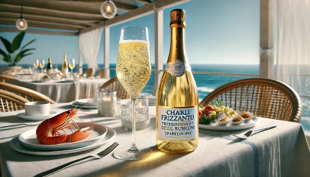 Chiarli Frizzantino Trebbiano del Rubicone – морська свіжість Фотографія пляшки Chiarli Frizzantino Trebbiano del Rubicone з келихом світлого золотистого вина на столі з білою скатертиною біля моря, поруч зі свіжими морепродуктами