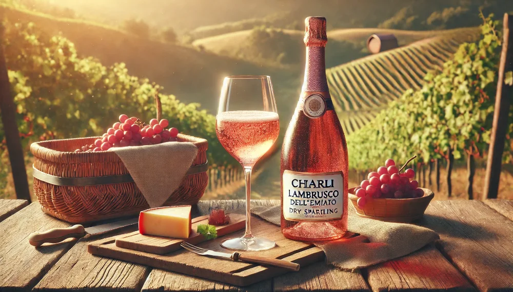 Chiarli Lambrusco dell'Emilia Rosato Dry – витонченість у природі Фотографія пляшки Chiarli Lambrusco dell'Emilia Rosato Dry з келихом рожевого вина на сільському столі серед виноградників, поруч із кошиками винограду та сиром у теплих сонячних променях.
