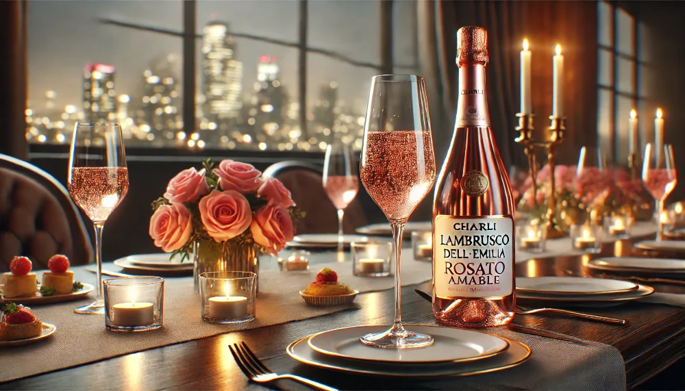 Chiarli Lambrusco dell'Emilia Rosato Amabile – романтичний вечір Фотографія пляшки Chiarli Lambrusco dell'Emilia Rosato Amabile з келихом ніжного рожевого вина на елегантному столі з трояндами, свічками та видом на вечірнє місто через велике вікно.