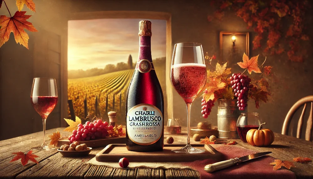 Chiarli Lambrusco Grasparossa di Castelvetro Amabile – осіннє тепло Фотографія пляшки Chiarli Lambrusco Grasparossa di Castelvetro Amabile з келихом рубіново-червоного вина на столі серед сезонних фруктів і горіхів, на фоні виноградника в осінніх барвах
