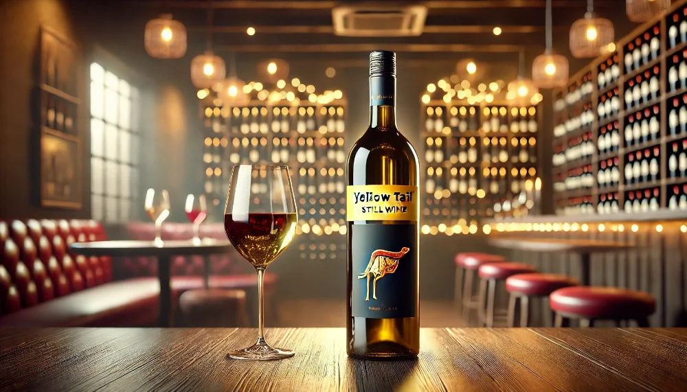 Yellow Tail – вишуканий вибір для цінителів тихого вина Фотографічно реалістичне зображення пляшки тихого вина Yellow Tail на дерев’яному столі в затишному винному барі, поруч келихи з червоним і білим вином, тепле освітлення