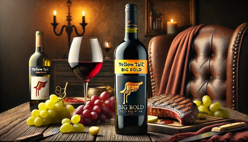 Yellow Tail Big Bold Red – насичене австралійське червоне вино Пляшка Yellow Tail Big Bold Red на дерев'яному столі з вином у келиху, виноградом і стейком, у теплій атмосфері