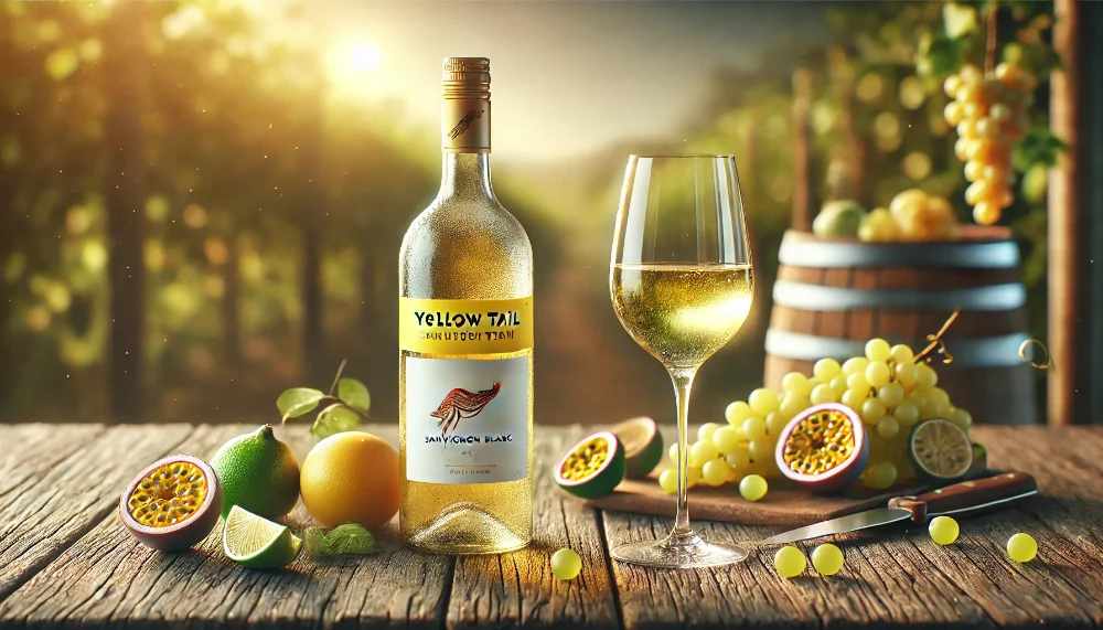 Yellow Tail Sauvignon Blanc – освіжаюче біле вино з фруктовими нотами Бутилка Yellow Tail Sauvignon Blanc на дерев’яному столі з виноградом, лаймом та келихом вина на тлі виноградника