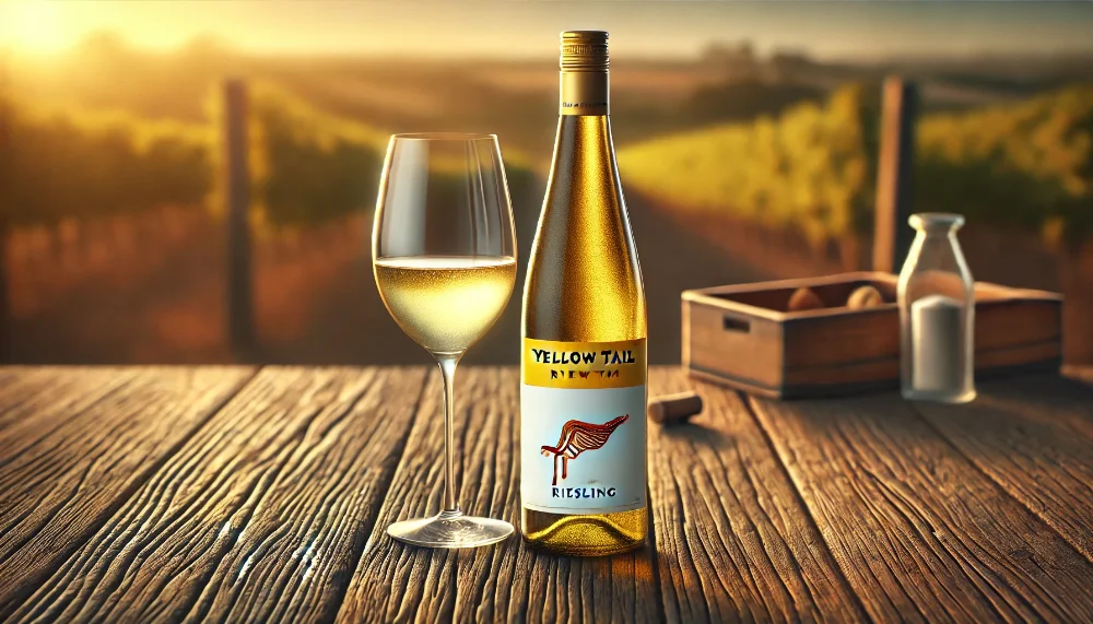 Yellow Tail Riesling – елегантне австралійське біле вино Бутилка Yellow Tail Riesling на дерев'яному столі з келихом вина, виноградником на фоні та теплим природним освітленням