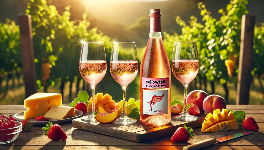 Yellow Tail Pink Moscato – вино для яскравих моментів Рожеве вино Yellow Tail Pink Moscato на столі серед фруктів і сиру, на фоні виноградників