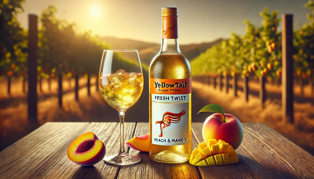 Yellow Tail Fresh Twist Peach & Mango – фруктове вино з Австралії Бутилка Yellow Tail Fresh Twist Peach & Mango на столі, оточена персиками та манго, з виноградником на тлі при заході сонця