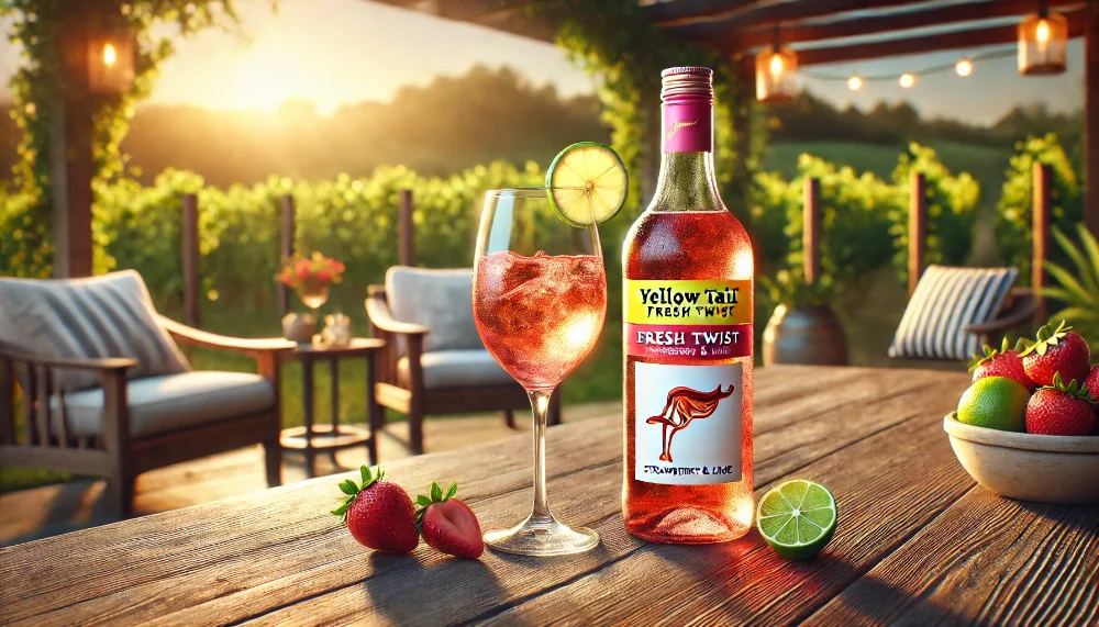 Yellow Tail Fresh Twist Strawberry & Lime – освіжаючий вибір для літа Фруктове вино Yellow Tail Fresh Twist Strawberry & Lime на столі з келихом, полуницею та лаймом, на фоні виноградників під теплим сонцем