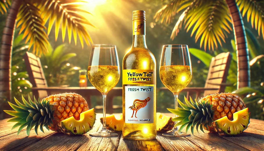 Yellow Tail Fresh Twist Tropical Pineapple – освіжаюче тропічне вино Бутилка вина Yellow Tail Fresh Twist Tropical Pineapple із келихами на дерев’яному столі серед ананасів та тропічних фруктів