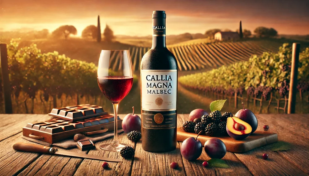 Callia Magna Malbec – преміальне аргентинське вино Пляшка Callia Magna Malbec на дерев’яному столі з келихом вина, ягодами та шоколадом на фоні аргентинського виноградника на заході сонця