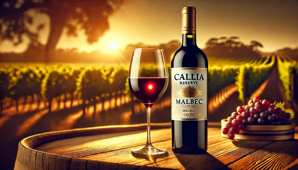 Преміальне аргентинське вино Callia Reserve Malbec на заході сонця Пляшка Callia Reserve Malbec з келихом вина на дерев'яному столі, на тлі виноградників у променях заходу сонця