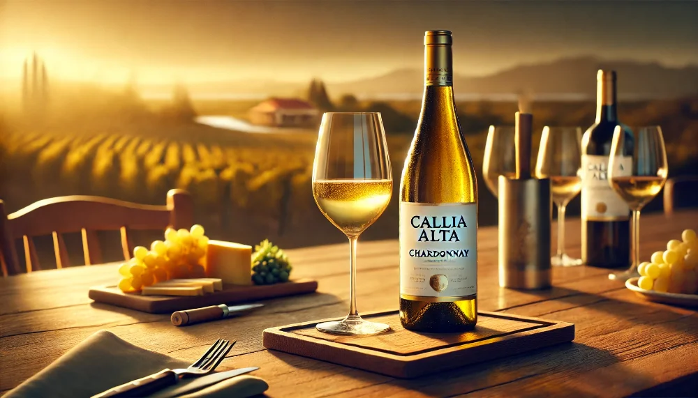 Callia Alta Chardonnay – витончене аргентинське вино Пляшка Callia Alta Chardonnay на дерев’яному столі з келихом вина, сиром і виноградом, на фоні аргентинського виноградника при заході сонця