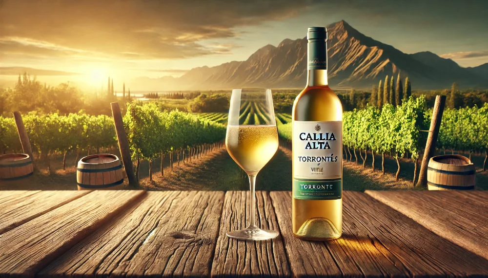 Callia Alta Torrontés – біле вино з душею Аргентини Бутилка вина Callia Alta Torrontés на дерев’яному столі з келихом, на тлі аргентинського виноградника під золотим заходом сонця