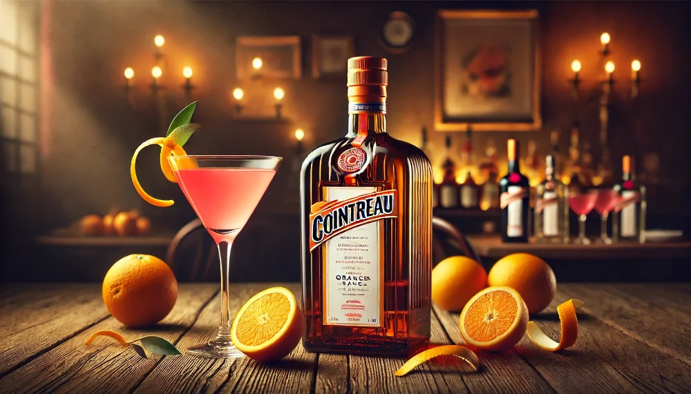 Cointreau на столі з коктейлем Космополітен Пляшка Cointreau з апельсиновими скибками і коктейлем Космополітен на дерев'яному столі
