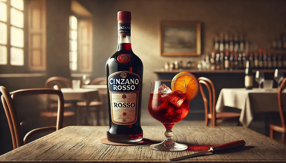 Класичний італійський вермут Cinzano Rosso - традиції з 1757 року Пляшка Cinzano Rosso та келих вермуту з льодом на дерев'яному столі в італійському ресторані