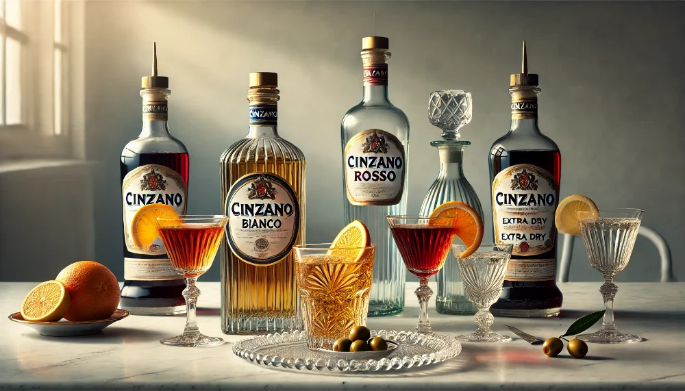 Класична колекція Cinzano: традиції італійського вермуту Три класичні види вермуту Cinzano (Bianco, Rosso, Extra Dry) з келихами та гарнірами на мармуровому столі