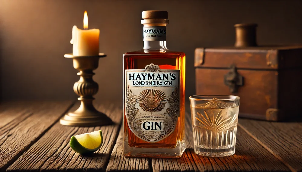 Близький план Hayman’s London Dry Gin Близький план пляшки Hayman’s London Dry Gin з вінтажним дизайном, розміщеної на сільській дерев'яній поверхні поруч з келихом джину, м'яко освітлений свічками.