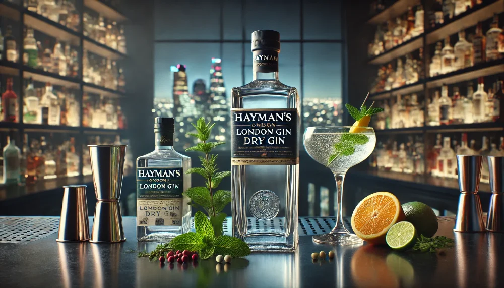 Hayman’s London Dry Gin на барній стійці Пляшка Hayman’s London Dry Gin з інгредієнтами для коктейлів, такими як свіжа м'ята, ягоди ялівцю та скибочки цитрусових, на фоні слабо освітленого міського пейзажу.