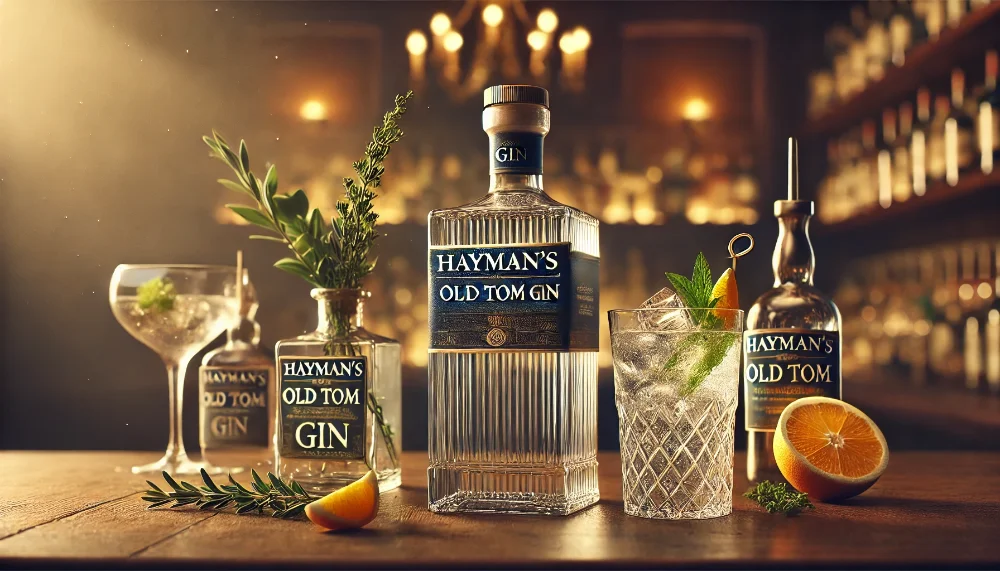 Hayman's Old Tom Gin на барній стійці з посудом Пляшка Hayman's Old Tom Gin на дерев'яній барній стійці, оточена елегантними келихами, часточками цитрусових та свіжими травами, з м’яким освітленням, що створює вишукану атмосферу.