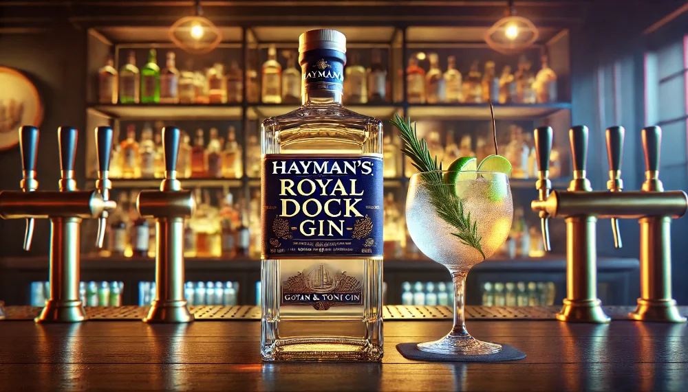 Hayman's Royal Dock Gin з Gin & Tonic Пляшка Hayman’s Royal Dock Gin поруч з коктейлем Gin & Tonic, прикрашеним розмарином та лаймом.