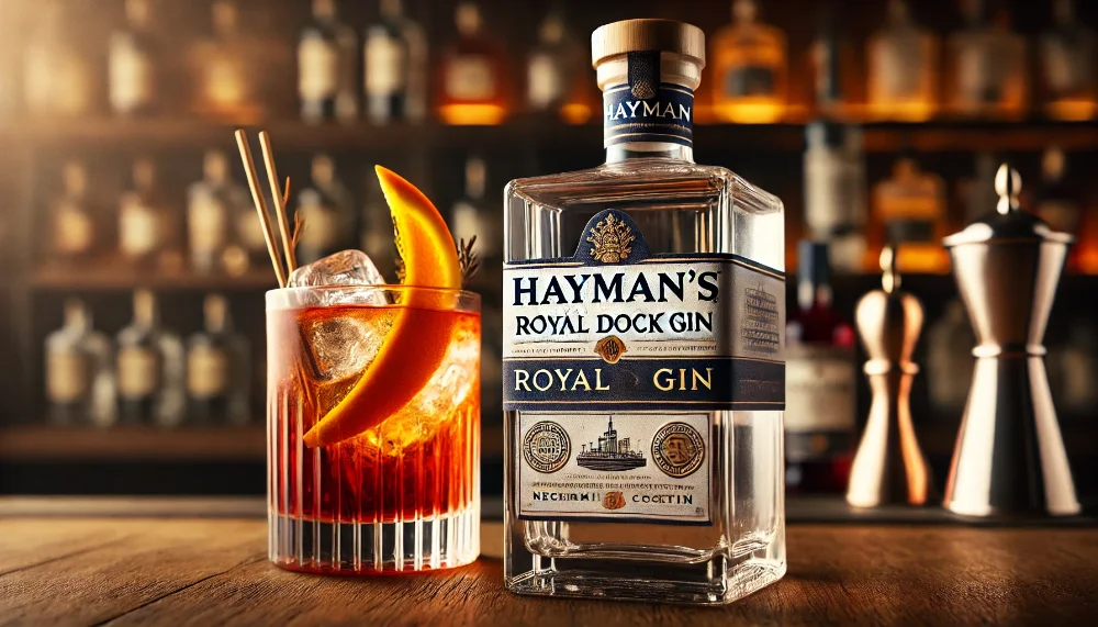 Hayman's Royal Dock Gin з коктейлем Negroni Детальний знімок Hayman’s Royal Dock Gin з коктейлем Negroni, прикрашеним скрученою апельсиновою шкіркою.