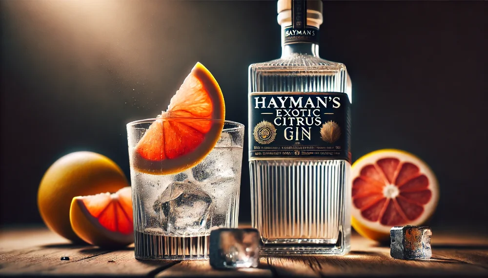 Крупний план Hayman’s Exotic Citrus Gin з прикрасою з грейпфрута Келих Hayman’s Exotic Citrus Gin з льодом і прикрасою з грейпфрута