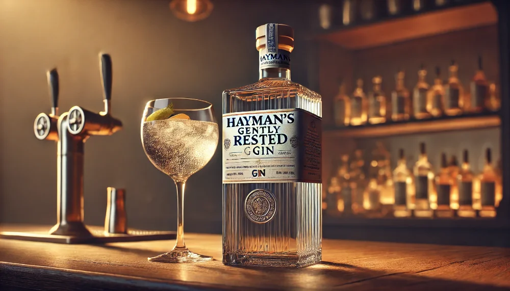Hayman’s Gently Rested Gin на дерев'яному барному столику Пляшка Hayman’s Gently Rested Gin на дерев'яному барному столику з келихом коктейлю, що демонструє преміум якість та елегантність джина