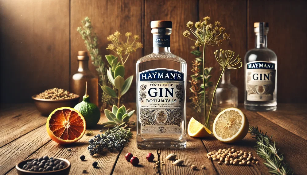 Hayman’s Gently Rested Gin з ботанічними інгредієнтами Стильна компоновка Hayman’s Gently Rested Gin, оточена свіжими ботанічними інгредієнтами, такими як ягоди ялівцю, насіння коріандру та цитрусові, що підкреслює природні складові джина.